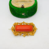 Victorian 18ct Yellow Gold & Red Coral Filigree Brooch Antique c1840