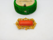 Victorian 18ct Yellow Gold & Red Coral Filigree Brooch Antique c1840