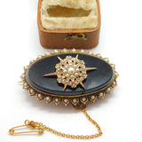 Victorian 14ct Gold, Seed Pearl & Jet Starburst Mourning Brooch c1860 Antique
