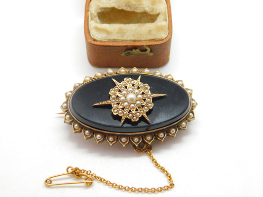 Victorian 14ct Gold, Seed Pearl & Jet Starburst Mourning Brooch c1860 Antique