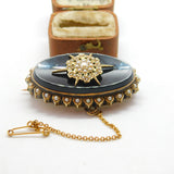 Victorian 14ct Gold, Seed Pearl & Jet Starburst Mourning Brooch c1860 Antique