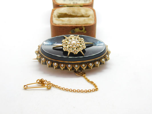 Victorian 14ct Gold, Seed Pearl & Jet Starburst Mourning Brooch c1860 Antique