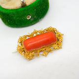 Victorian 18ct Yellow Gold & Red Coral Filigree Brooch Antique c1840