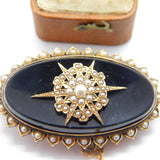 Victorian 14ct Gold, Seed Pearl & Jet Starburst Mourning Brooch c1860 Antique