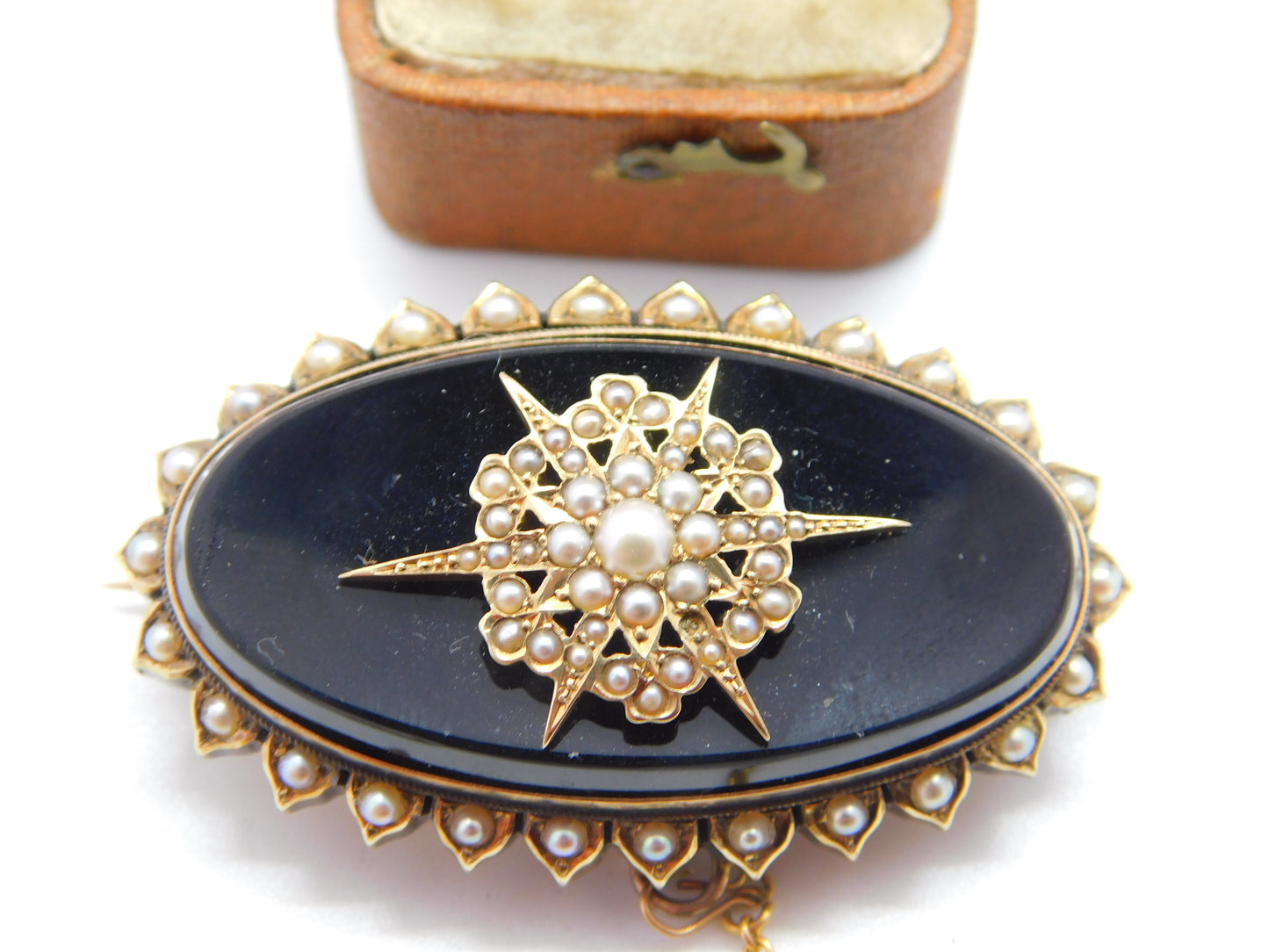 Victorian 14ct Gold, Seed Pearl & Jet Starburst Mourning Brooch c1860 Antique