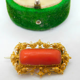 Victorian 18ct Yellow Gold & Red Coral Filigree Brooch Antique c1840