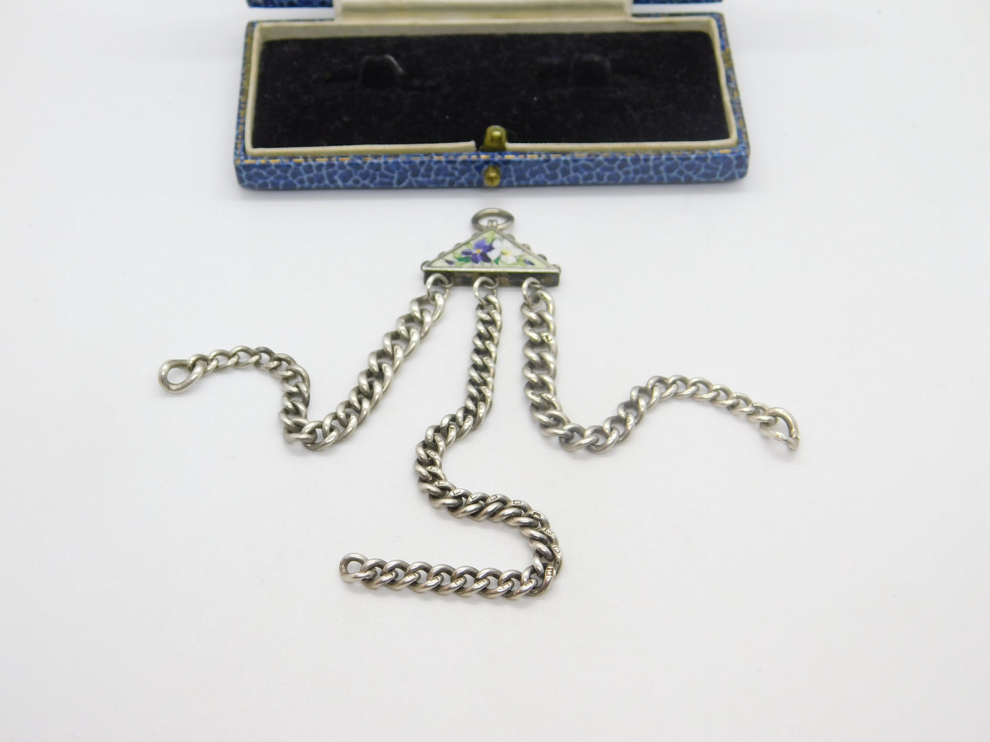 Victorian Sterling Silver & Floral Enamel Chatelaine Fob Antique c1880