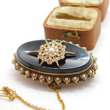 Victorian 14ct Gold, Seed Pearl & Jet Starburst Mourning Brooch c1860 Antique