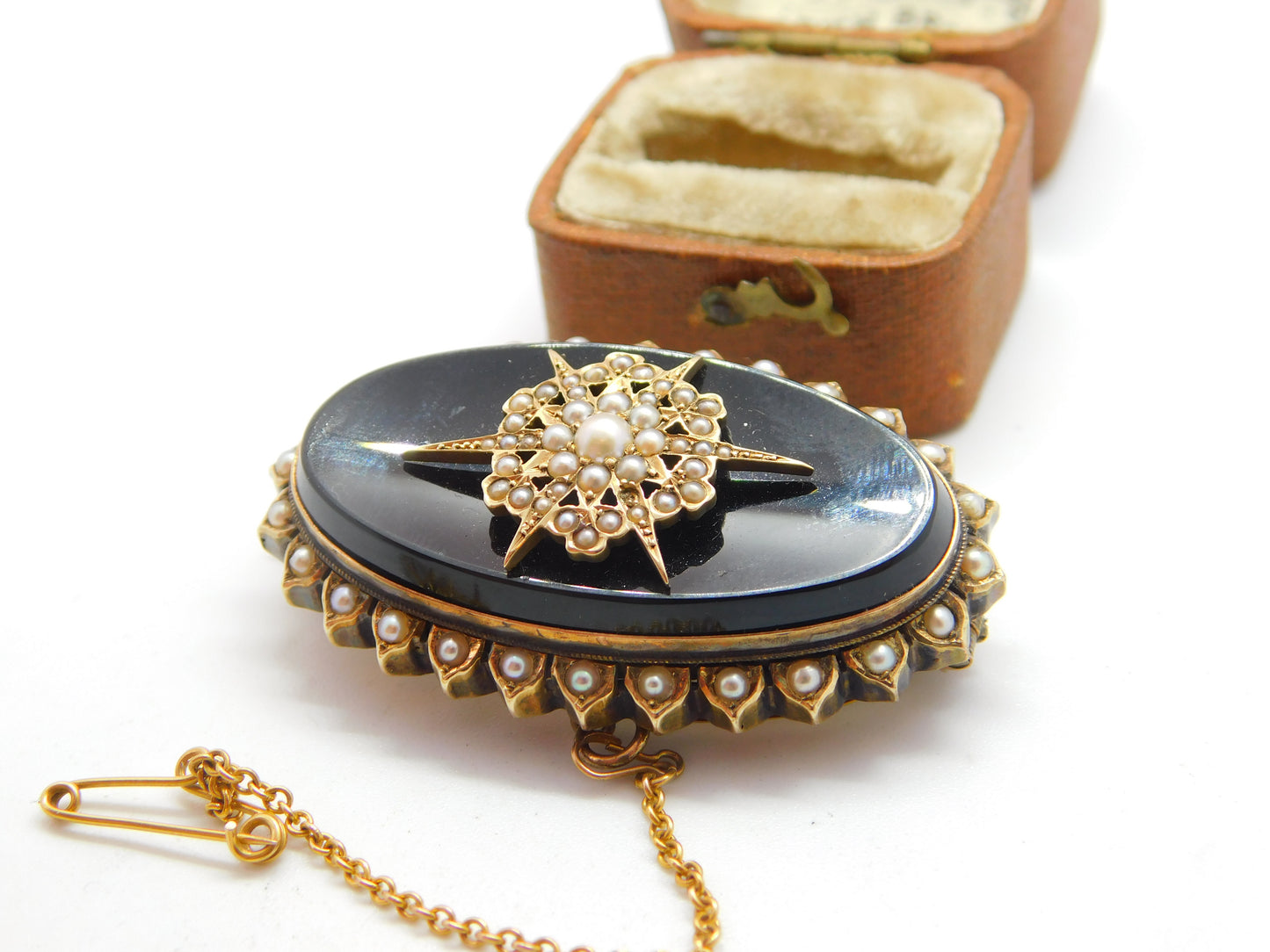 Victorian 14ct Gold, Seed Pearl & Jet Starburst Mourning Brooch c1860 Antique