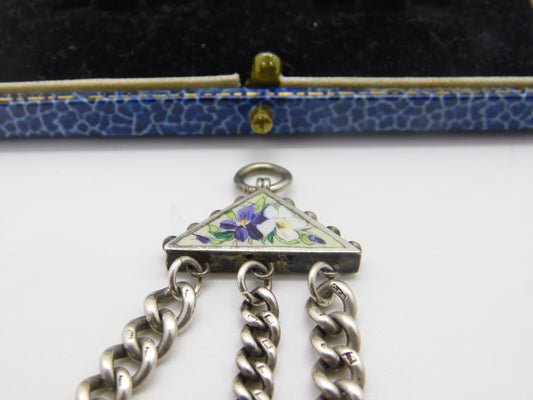 Victorian Sterling Silver & Floral Enamel Chatelaine Fob Antique c1880