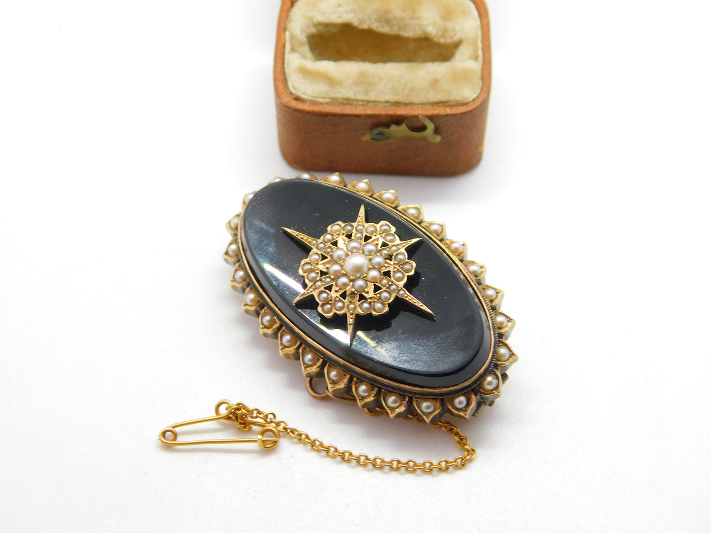 Victorian 14ct Gold, Seed Pearl & Jet Starburst Mourning Brooch c1860 Antique