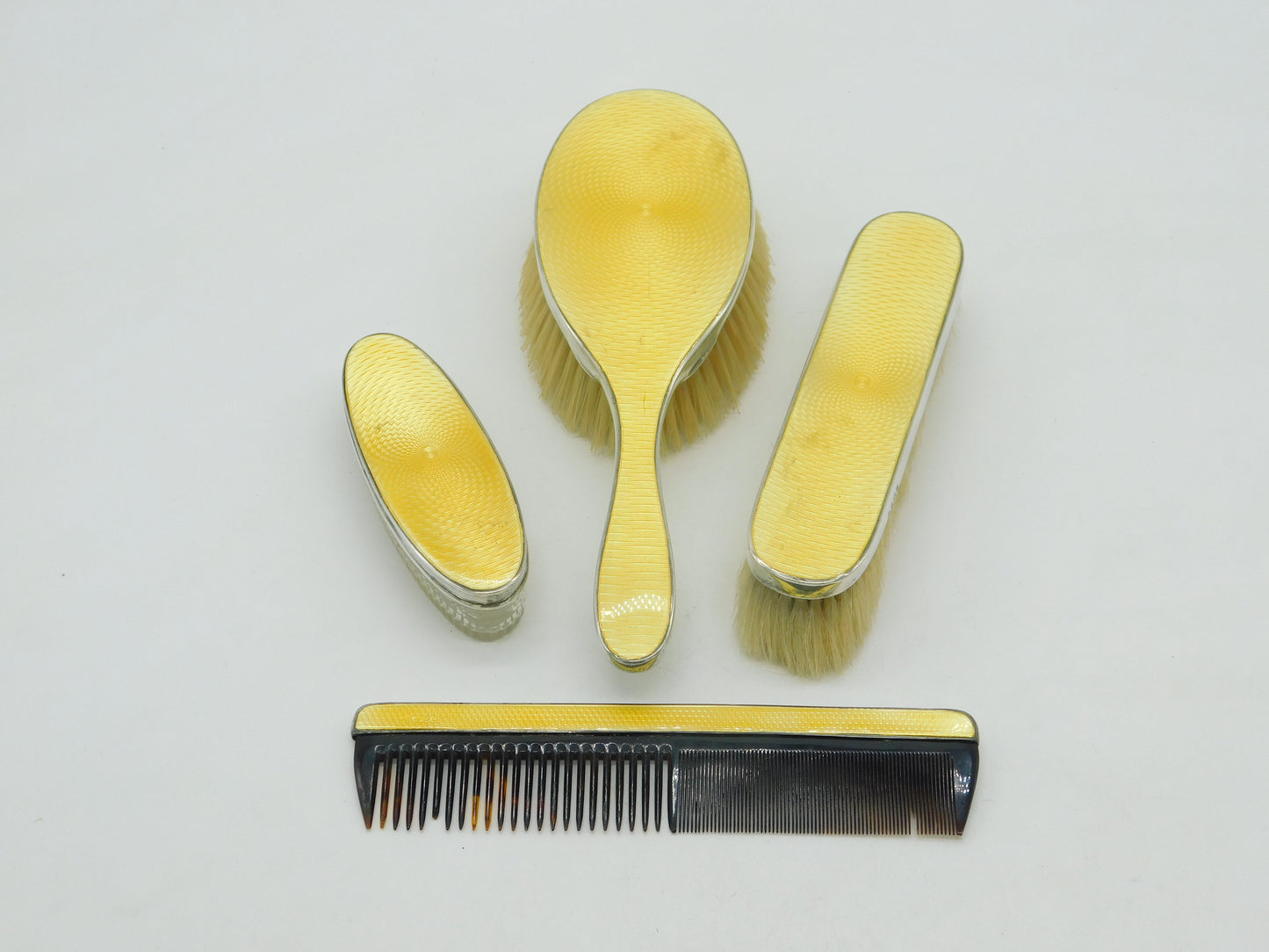 Sterling Silver Yellow Guilloche Enamel Four Piece Vanity Set 1924 Antique Deco