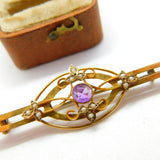 Edwardian 9ct Gold, Seed Pearl & Amethtst Sweetheart Brooch c1910 Antique