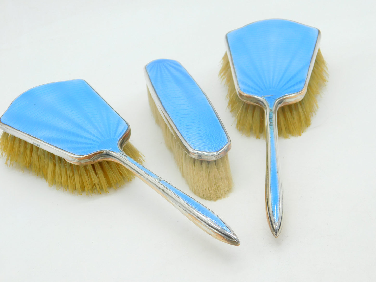 Silver Plated Blue Guilloche Enamel Three Piece Vanity Set Antique c1930 Deco