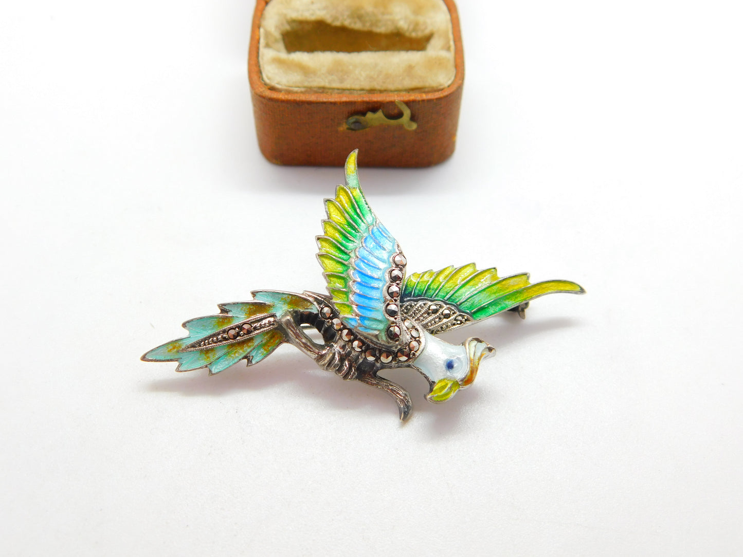 .800 Silver & Colourful Enamel Parrot on Perch Statement Brooch c1990 Vintage