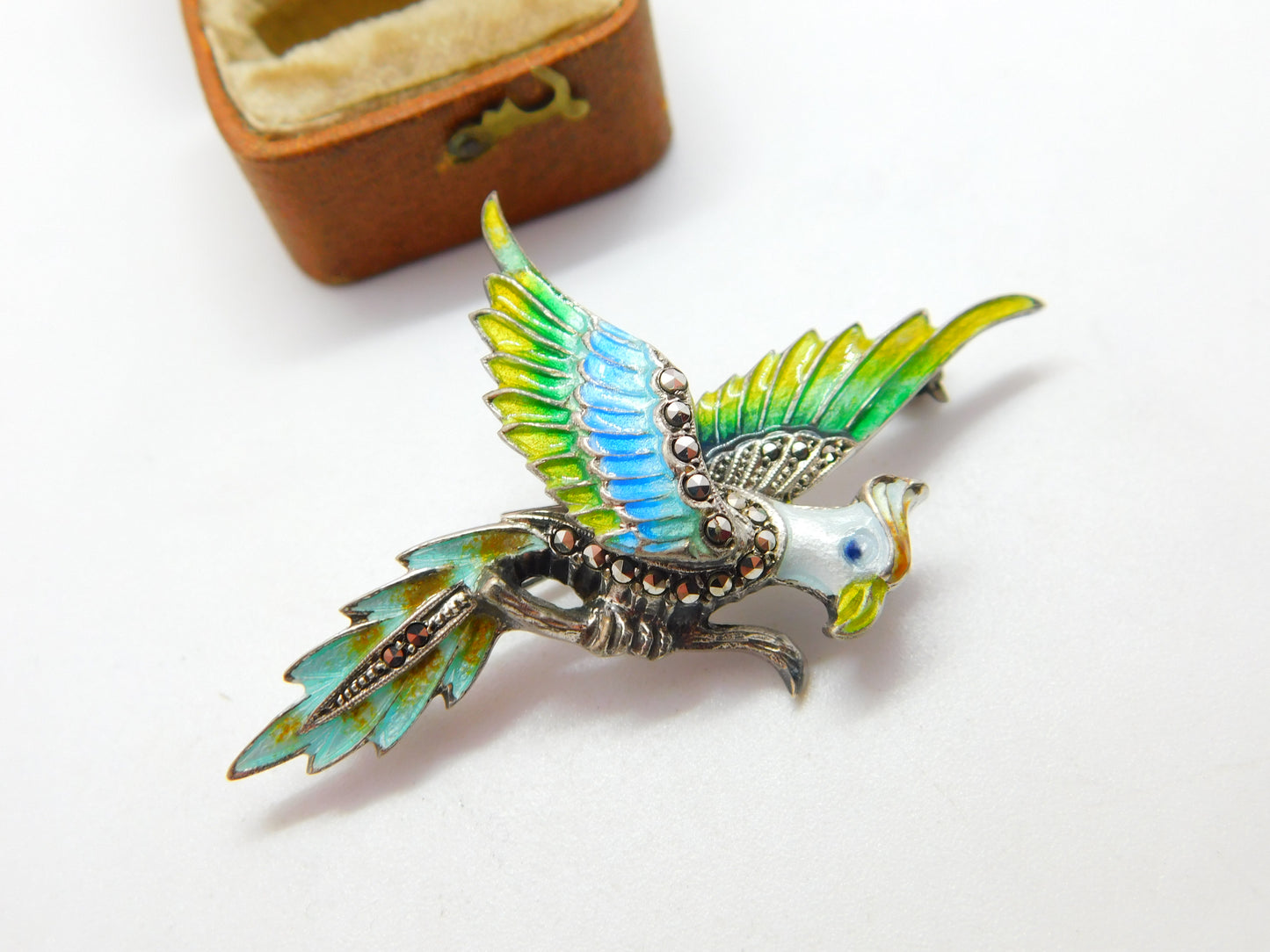 .800 Silver & Colourful Enamel Parrot on Perch Statement Brooch c1990 Vintage