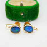 9ct Yellow Gold Doublet Black Opal Screw-Back Earrings Antique c1920 Art Deco