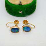 9ct Yellow Gold Doublet Black Opal Screw-Back Earrings Antique c1920 Art Deco
