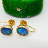 9ct Yellow Gold Doublet Black Opal Screw-Back Earrings Antique c1920 Art Deco