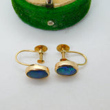 9ct Yellow Gold Doublet Black Opal Screw-Back Earrings Antique c1920 Art Deco