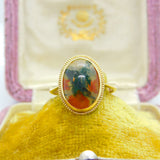 9ct Yellow Gold & Dendritic Moss Agate Cabochon Cut Band Ring Vintage c1970