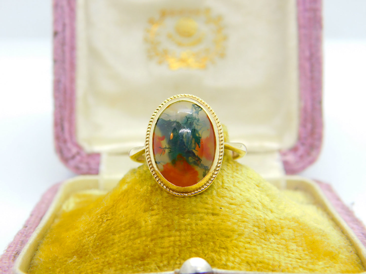 9ct Yellow Gold & Dendritic Moss Agate Cabochon Cut Band Ring Vintage c1970