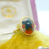 9ct Yellow Gold & Dendritic Moss Agate Cabochon Cut Band Ring Vintage c1970