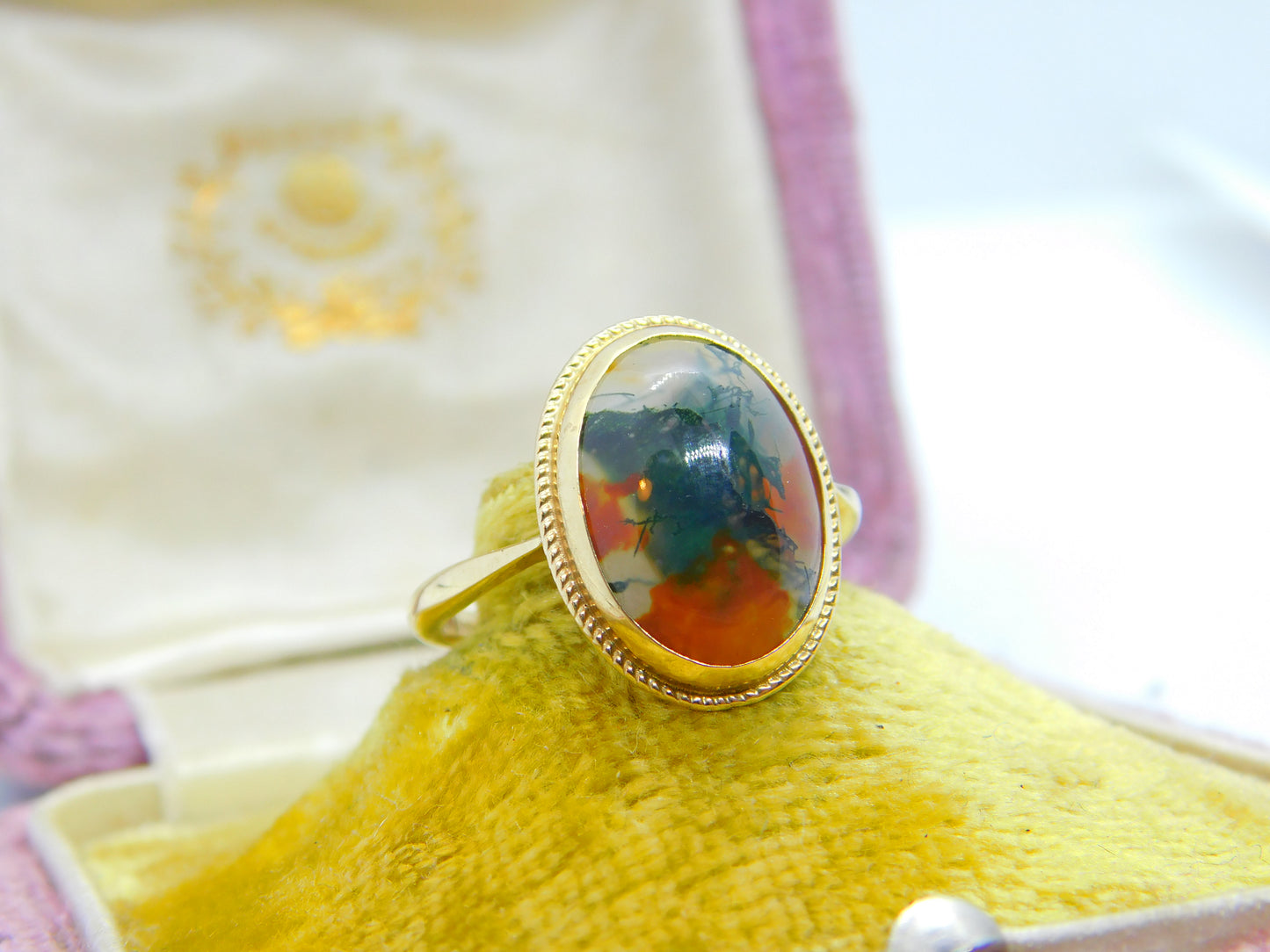 9ct Yellow Gold & Dendritic Moss Agate Cabochon Cut Band Ring Vintage c1970