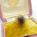 9ct Yellow Gold & Dendritic Moss Agate Cabochon Cut Band Ring Vintage c1970