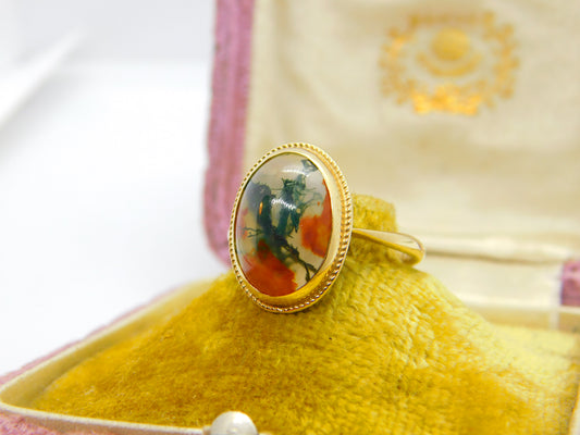 9ct Yellow Gold & Dendritic Moss Agate Cabochon Cut Band Ring Vintage c1970