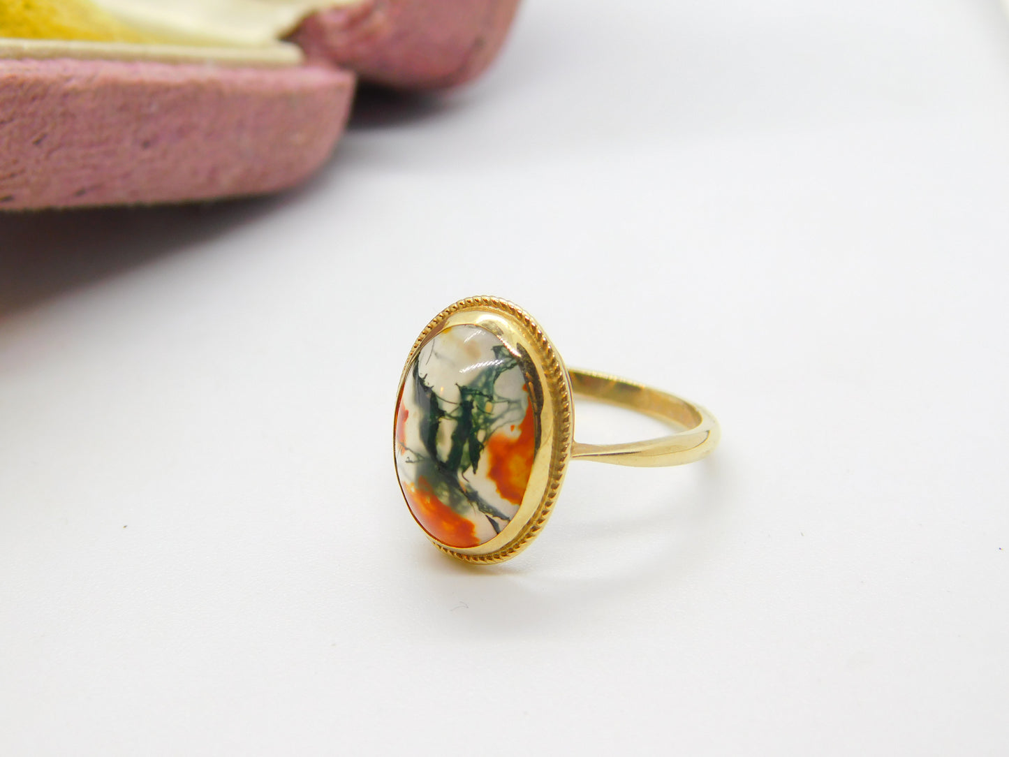 9ct Yellow Gold & Dendritic Moss Agate Cabochon Cut Band Ring Vintage c1970