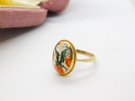 9ct Yellow Gold & Dendritic Moss Agate Cabochon Cut Band Ring Vintage c1970