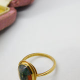 9ct Yellow Gold & Dendritic Moss Agate Cabochon Cut Band Ring Vintage c1970
