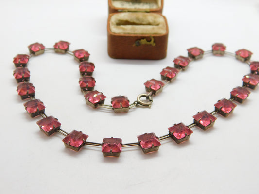 Art Deco Sterling Silver Pink Paste Square Panel Short Necklace Antique c1920