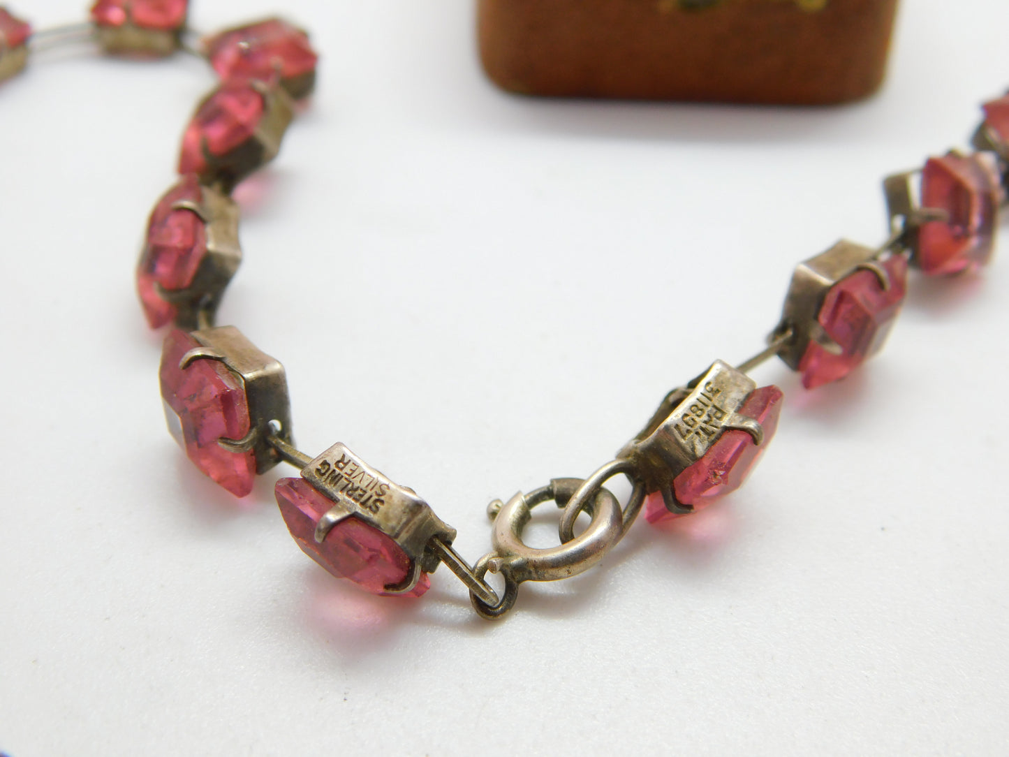 Art Deco Sterling Silver Pink Paste Square Panel Short Necklace Antique c1920