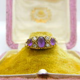 9ct Yellow Gold, Amethyst & Diamond Paste Boat Ring Vintage c1970 Size Q 1/2 UK
