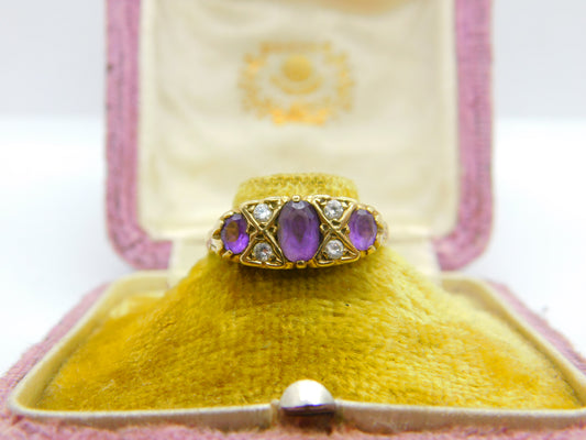 9ct Yellow Gold, Amethyst & Diamond Paste Boat Ring Vintage c1970 Size Q 1/2 UK