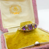 9ct Yellow Gold, Amethyst & Diamond Paste Boat Ring Vintage c1970 Size Q 1/2 UK