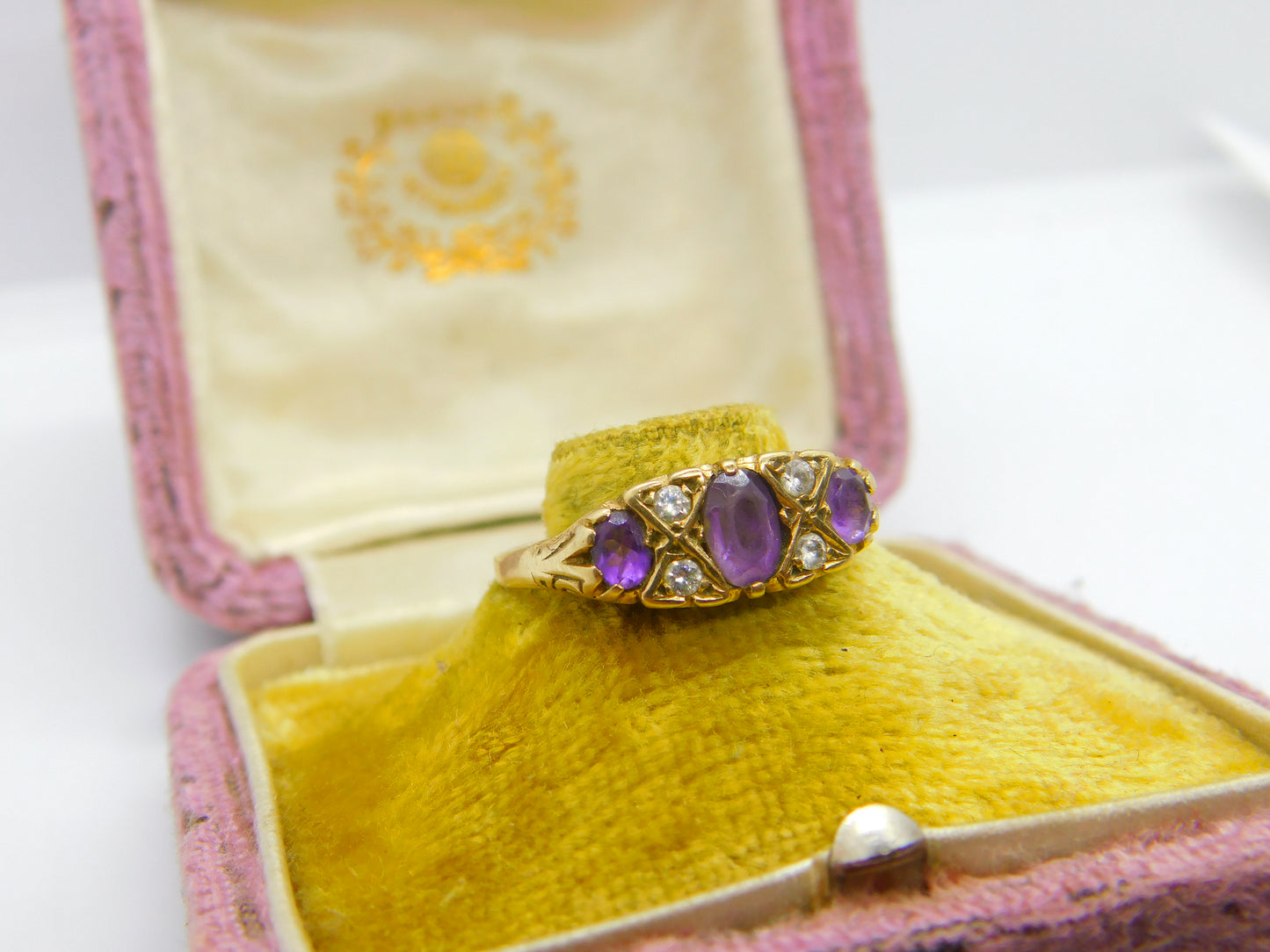 9ct Yellow Gold, Amethyst & Diamond Paste Boat Ring Vintage c1970 Size Q 1/2 UK