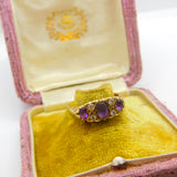 9ct Yellow Gold, Amethyst & Diamond Paste Boat Ring Vintage c1970 Size Q 1/2 UK