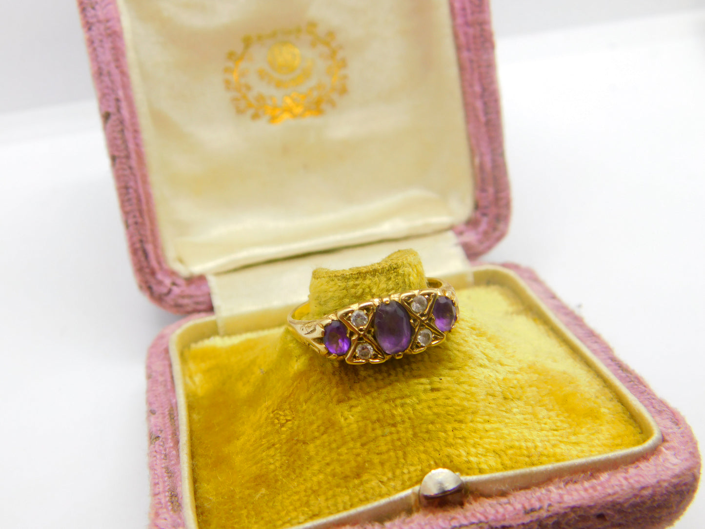 9ct Yellow Gold, Amethyst & Diamond Paste Boat Ring Vintage c1970 Size Q 1/2 UK