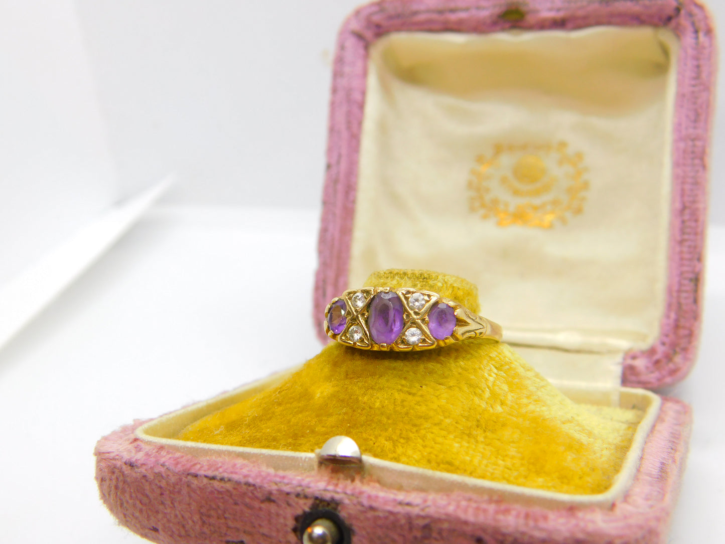 9ct Yellow Gold, Amethyst & Diamond Paste Boat Ring Vintage c1970 Size Q 1/2 UK