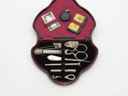 Edwardian Red Tooled Leather Box Complete Sewing Kit & Tools Antique c1910