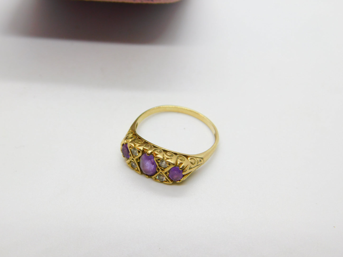 9ct Yellow Gold, Amethyst & Diamond Paste Boat Ring Vintage c1970 Size Q 1/2 UK