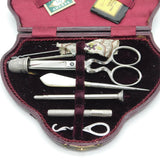 Edwardian Red Tooled Leather Box Complete Sewing Kit & Tools Antique c1910