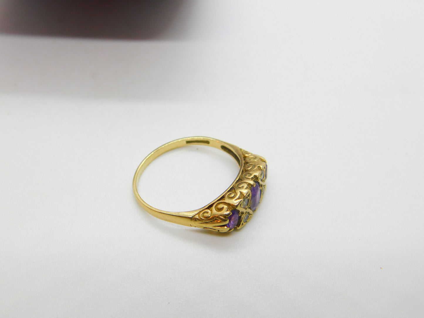 9ct Yellow Gold, Amethyst & Diamond Paste Boat Ring Vintage c1970 Size Q 1/2 UK