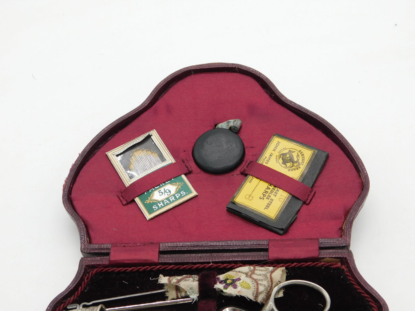 Edwardian Red Tooled Leather Box Complete Sewing Kit & Tools Antique c1910