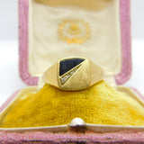 9ct Yellow Gold, Onyx & Diamond Signet Ring Vintage c1970 Size Y UK