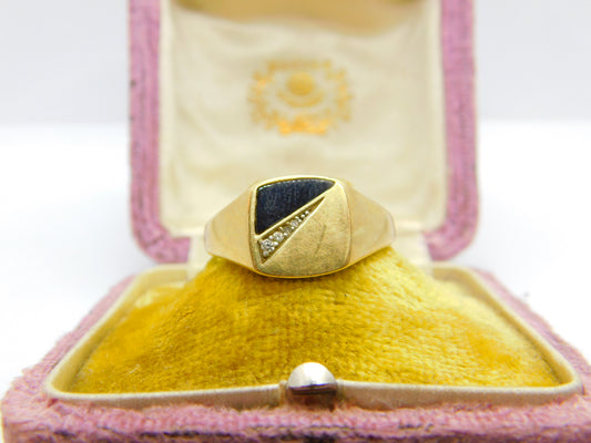 9ct Yellow Gold, Onyx & Diamond Signet Ring Vintage c1970 Size Y UK