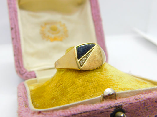 9ct Yellow Gold, Onyx & Diamond Signet Ring Vintage c1970 Size Y UK